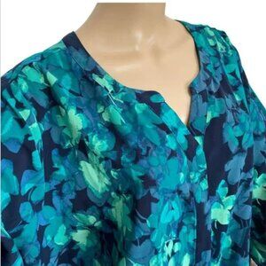 NWT Catherines Women’s Blouse 2X 22/24W Teal Blue Floral Print 3/4 Sleeve Top